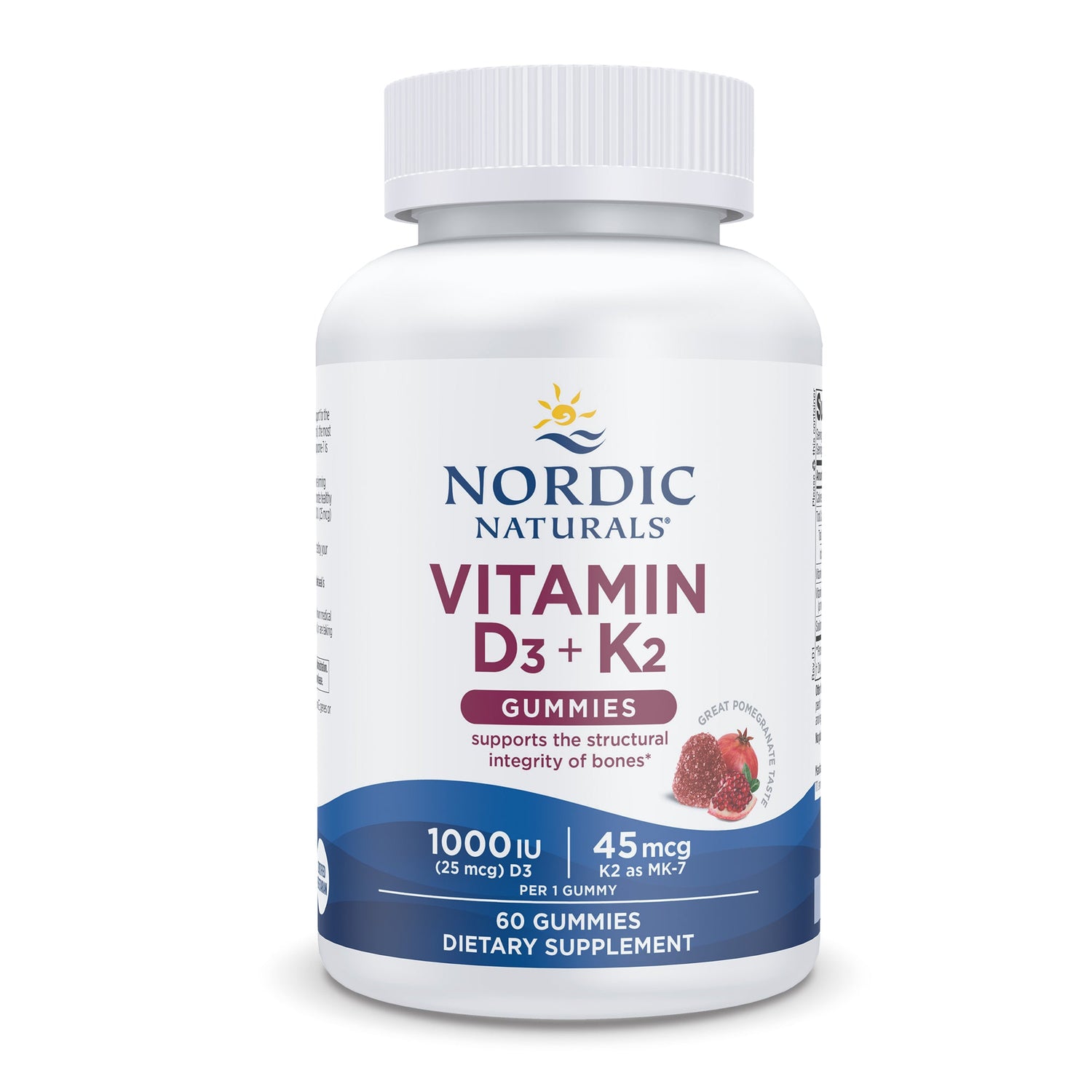 Nordic Naturals Vitamin D3 + K2 Pomegranate 60 Gummies bottle for adults.
