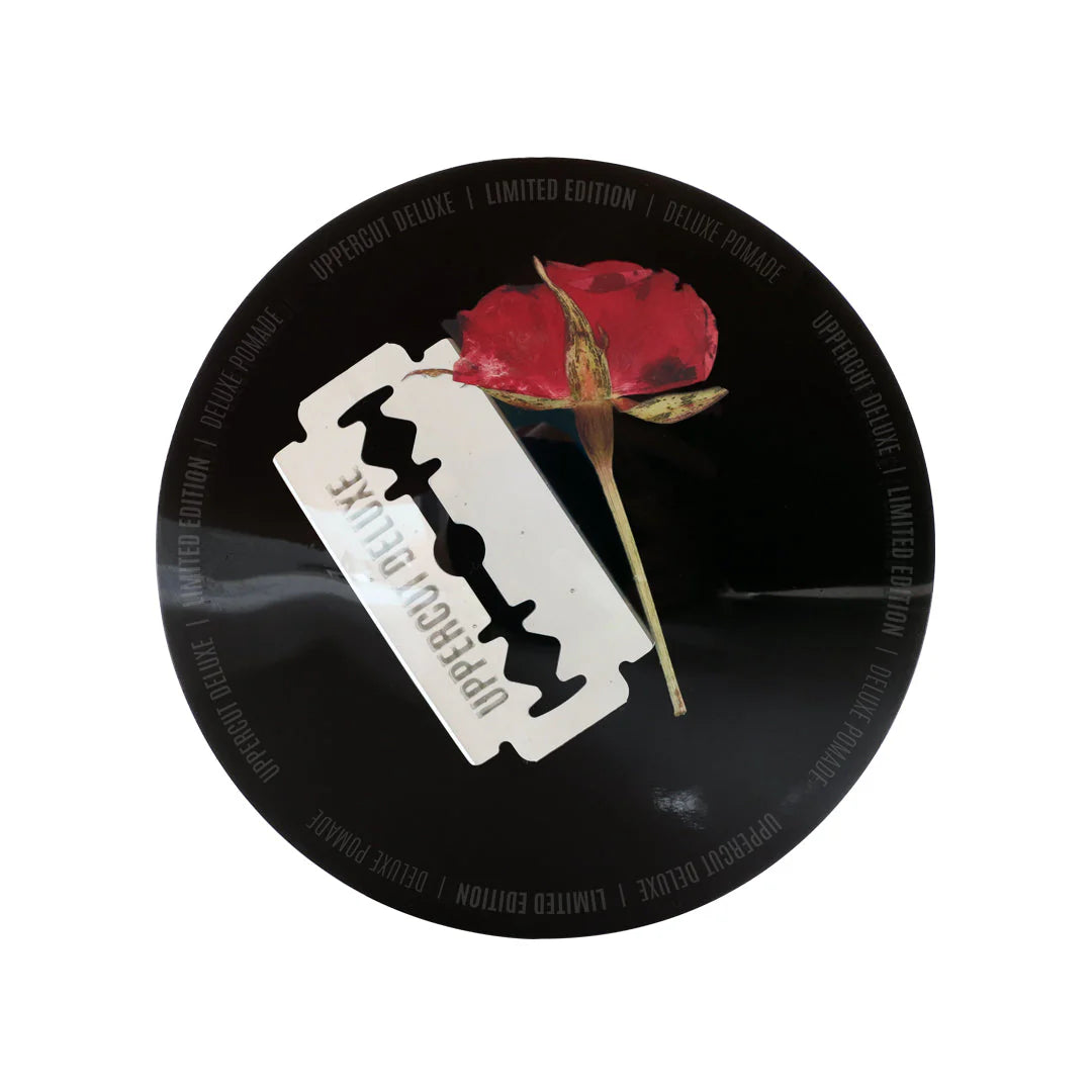 Front image: Uppercut Deluxe Resin and Rose Pomade 100g jar strong hold styling product packaging