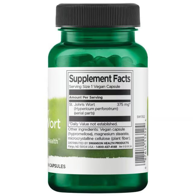 Swanson St. John's Wort Herb 375mg 60 Vegan Capsules Pack of 2 Supplement facts label for St. John's Wort botanical showing ingredient source.