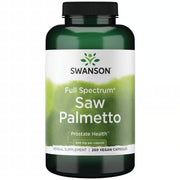 Swanson Full Spectrum Saw Palmetto 540mg 250 Vegan Capsules supplement bottle in a white background.