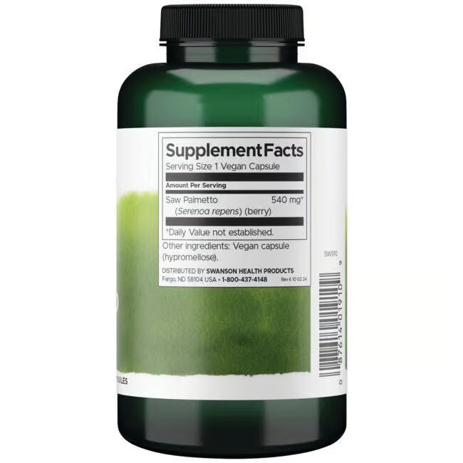 Swanson Full Spectrum Saw Palmetto 540mg 250 Vegan Capsules Bottle in a white background.