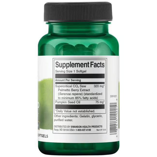 Back: Supplement facts label for Swanson Saw Palmetto Maximum Strength 320mg 60 Softgels Pack of 2showing potency and ingredients.