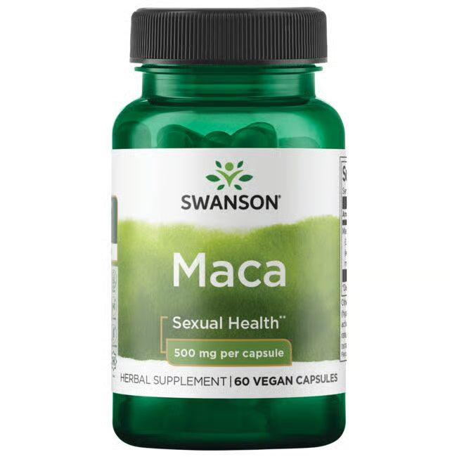 Swanson Maca 500mg 60 Vegan Capsules bottle in a white background.