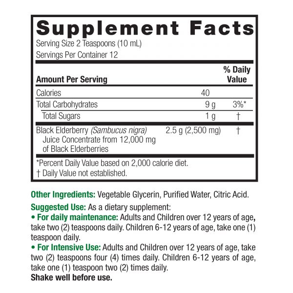 Nature’s Answer Sambucus elderberry supplement facts 120ml bottle