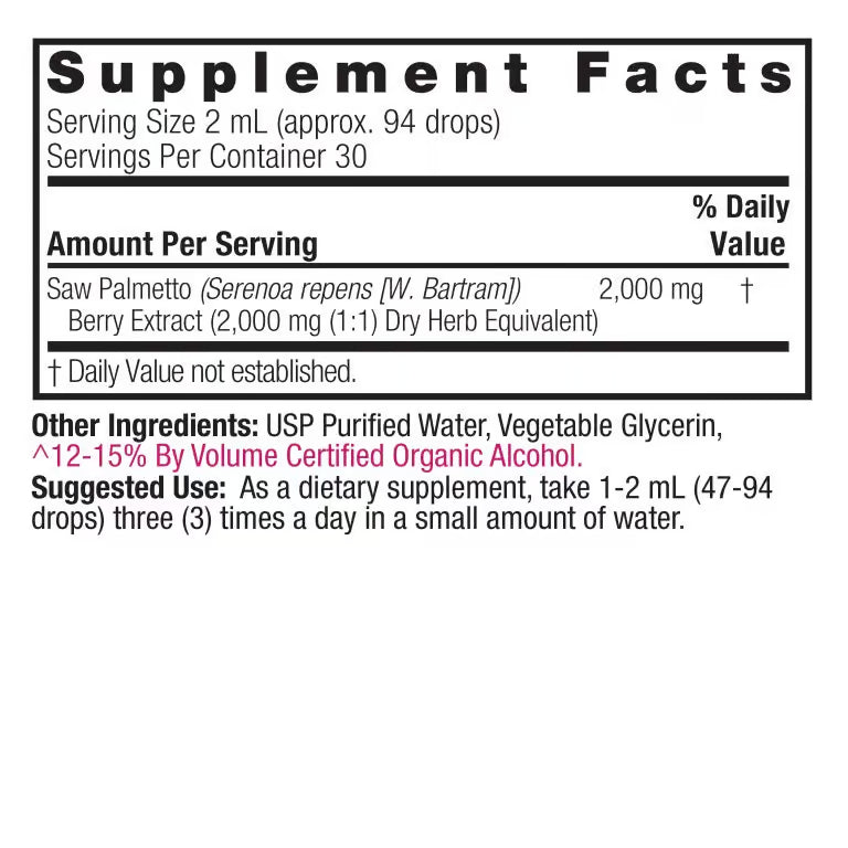 Nature’s Answer Saw Palmetto Berry Liquid Extract 60ml supplement information panel