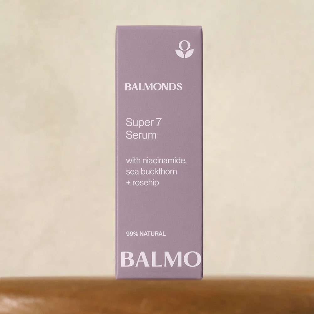 Front image: Balmonds Super 7 Serum 30ml box natural facial serum packaging