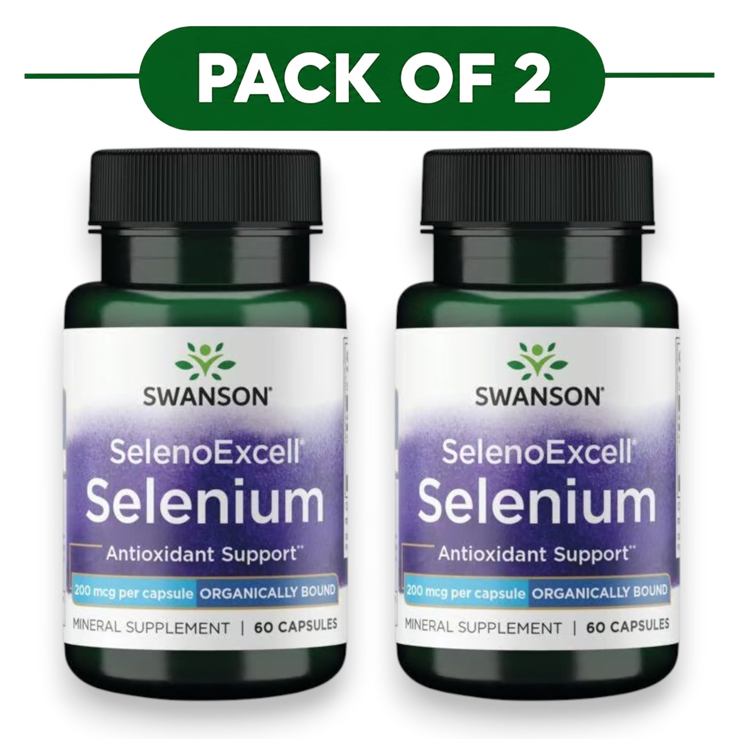 Swanson SelenoExcell Selenium 200mcg 60 Capsules Pack of 2 Supplement Facts panel and product barcode on bottle label