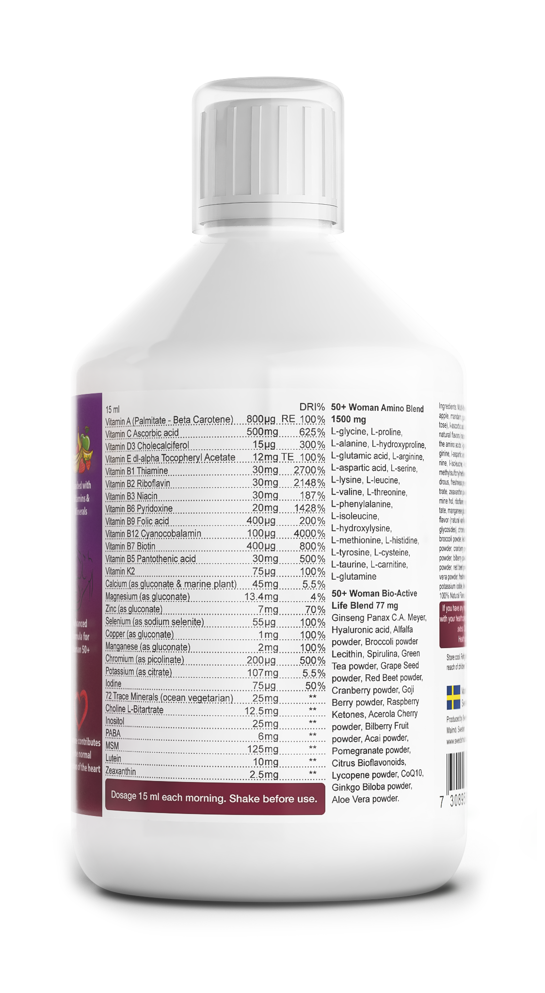 Bottle with a detailed label on a white background