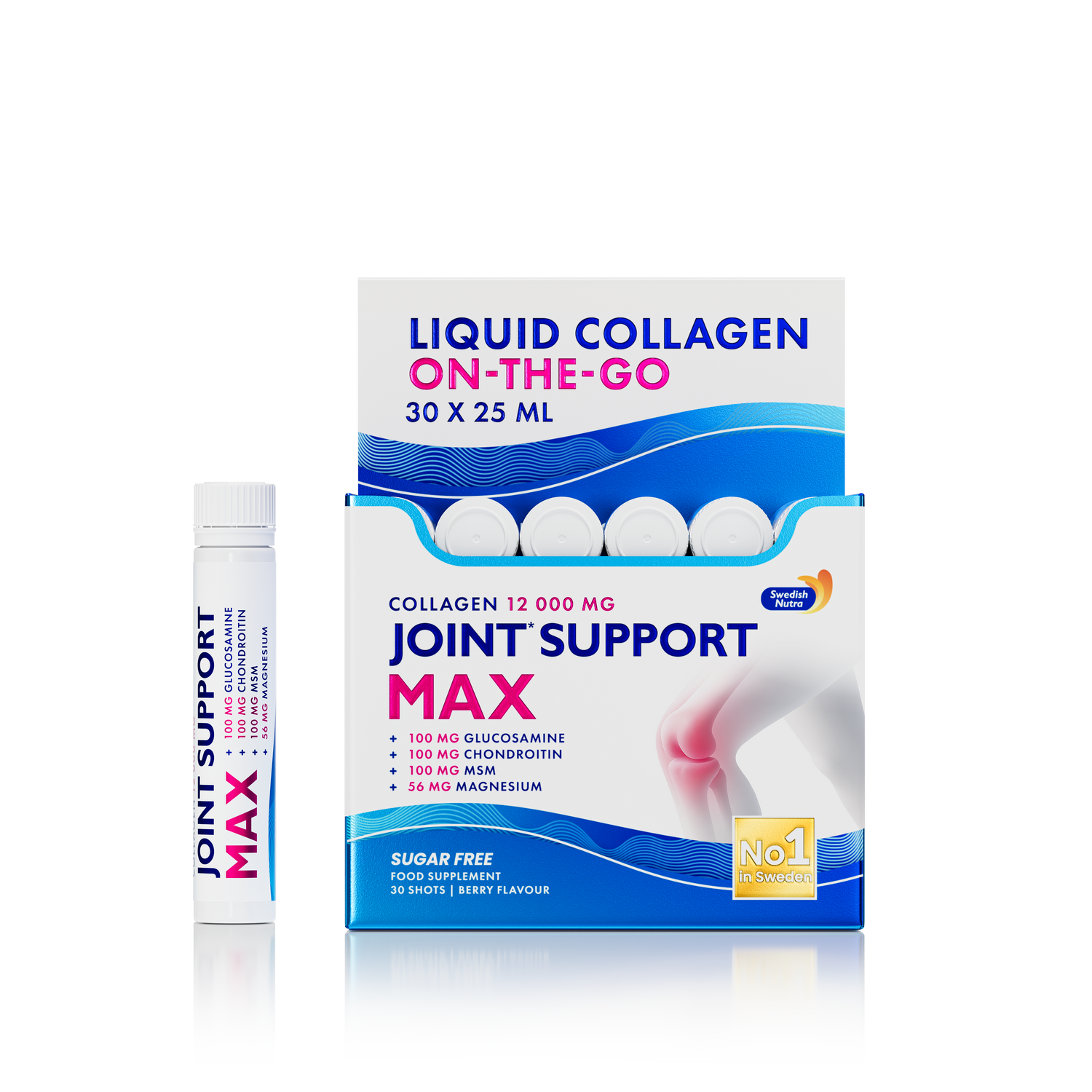 Box of Liquid Collagen On-The-Go and Joint Support Max supplement with a white background