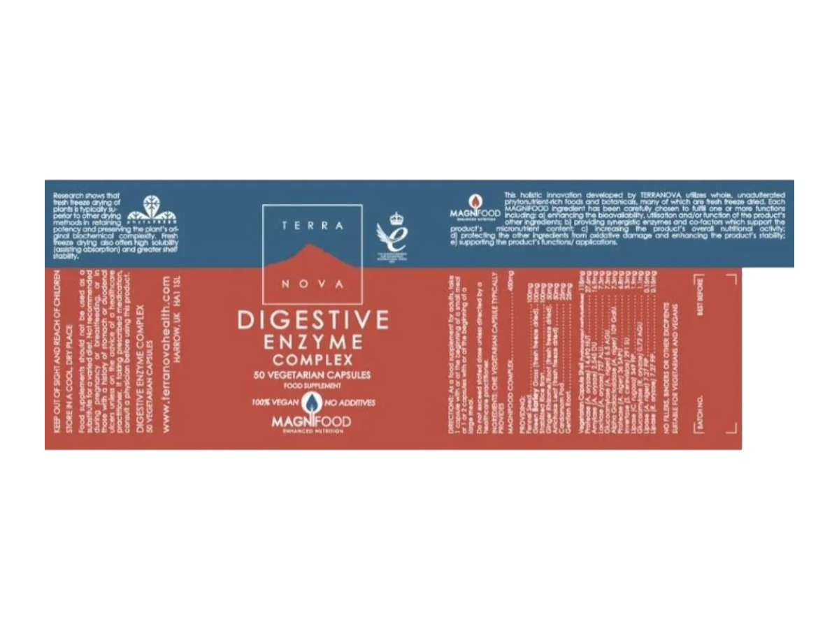 Supplement facts & ingredients image: Terranova Digestive Enzyme Complex supplement facts ingredients vegan capsules 50 count