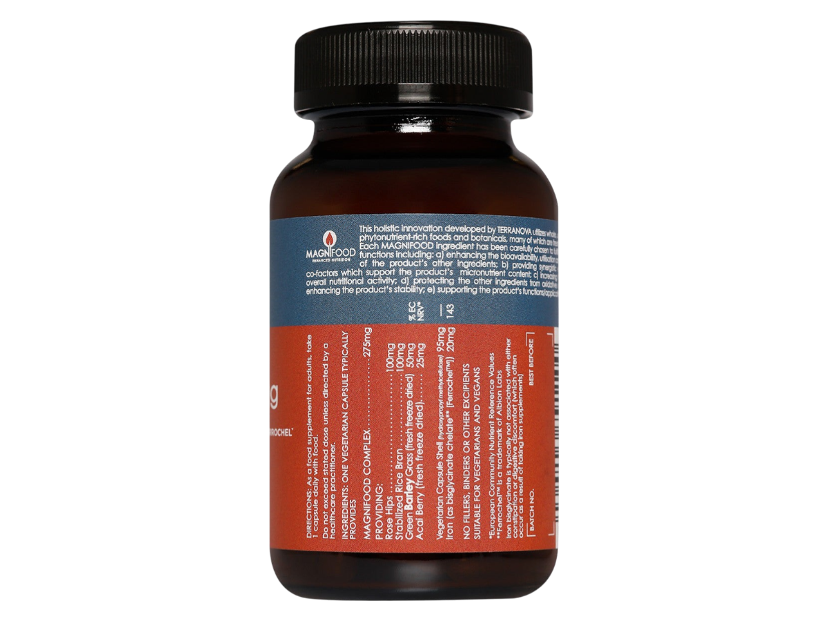 Supplement facts & ingredients image: Terranova Easy Iron 20mg Complex supplement facts ingredients vegan capsules 100 count