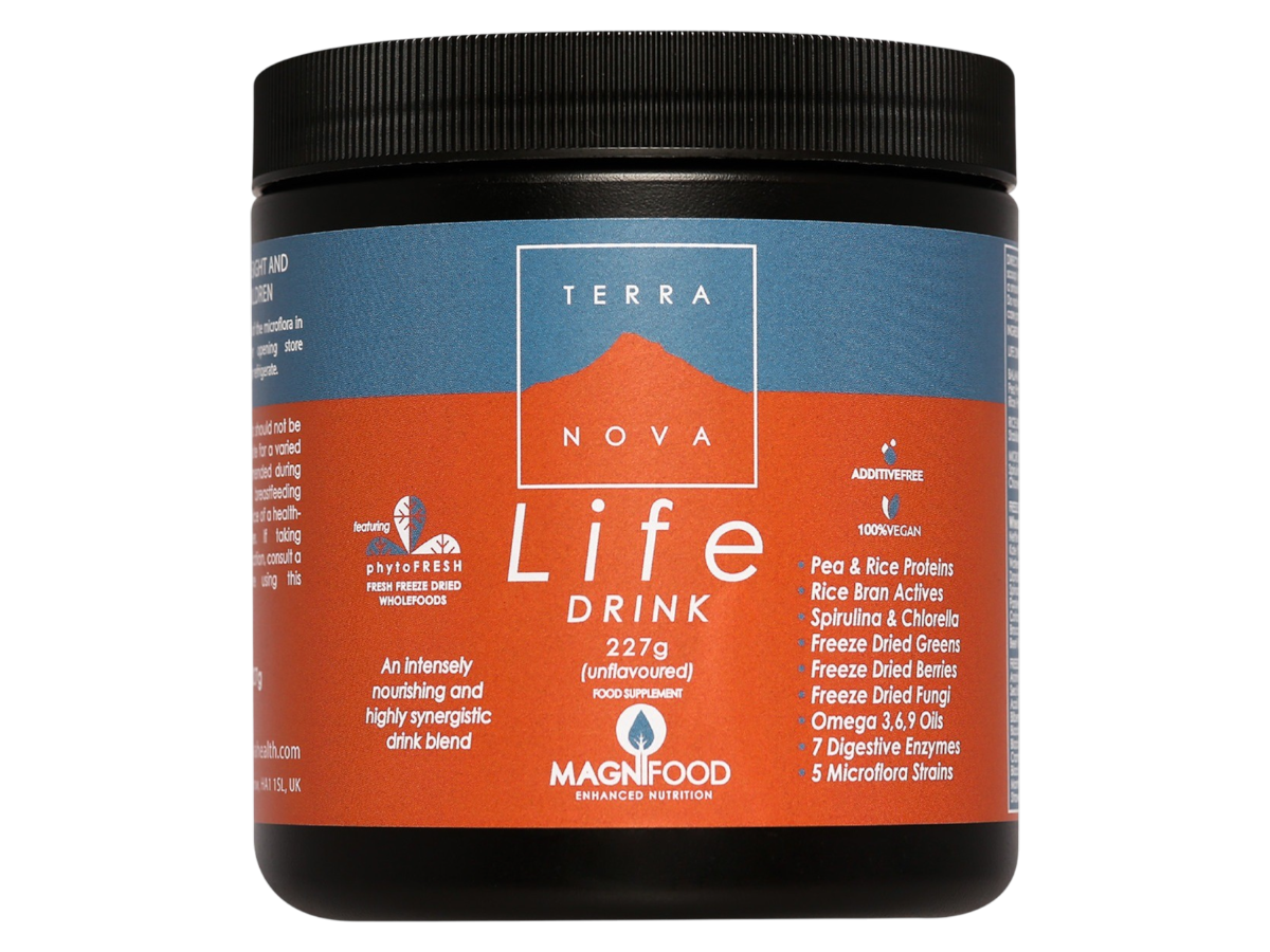 Front image: Terranova Life Drink powder unflavoured tub vegan 227g