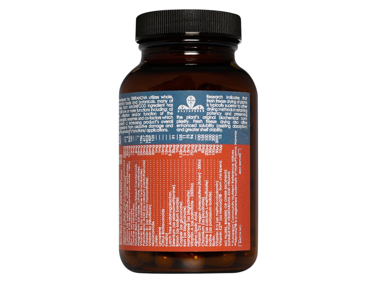 Supplement facts & ingredients image: Terranova Living Multinutrient Complex supplement facts ingredients vegan capsules 100 count