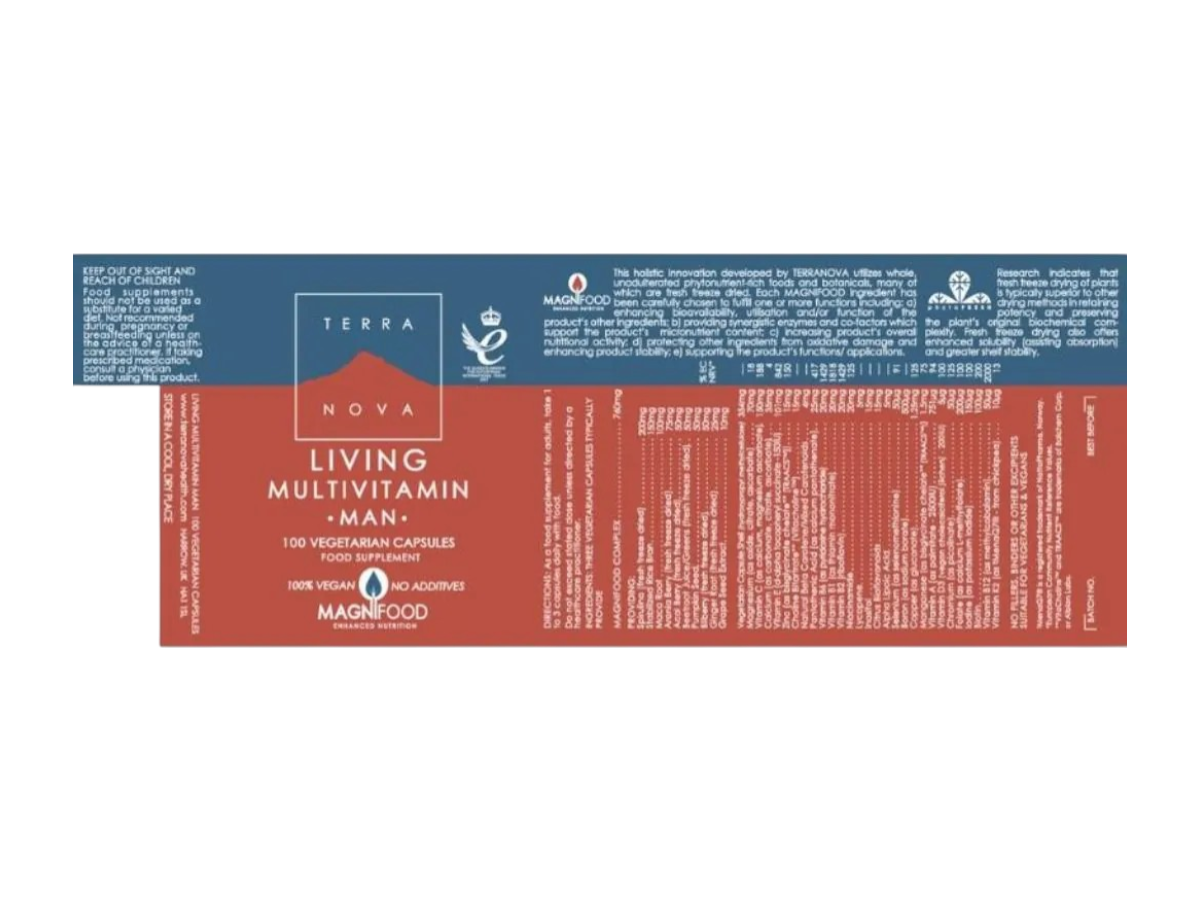 Supplement facts & ingredients image: Terranova Living Multivitamin Man supplement facts ingredients vegan capsules 100 count