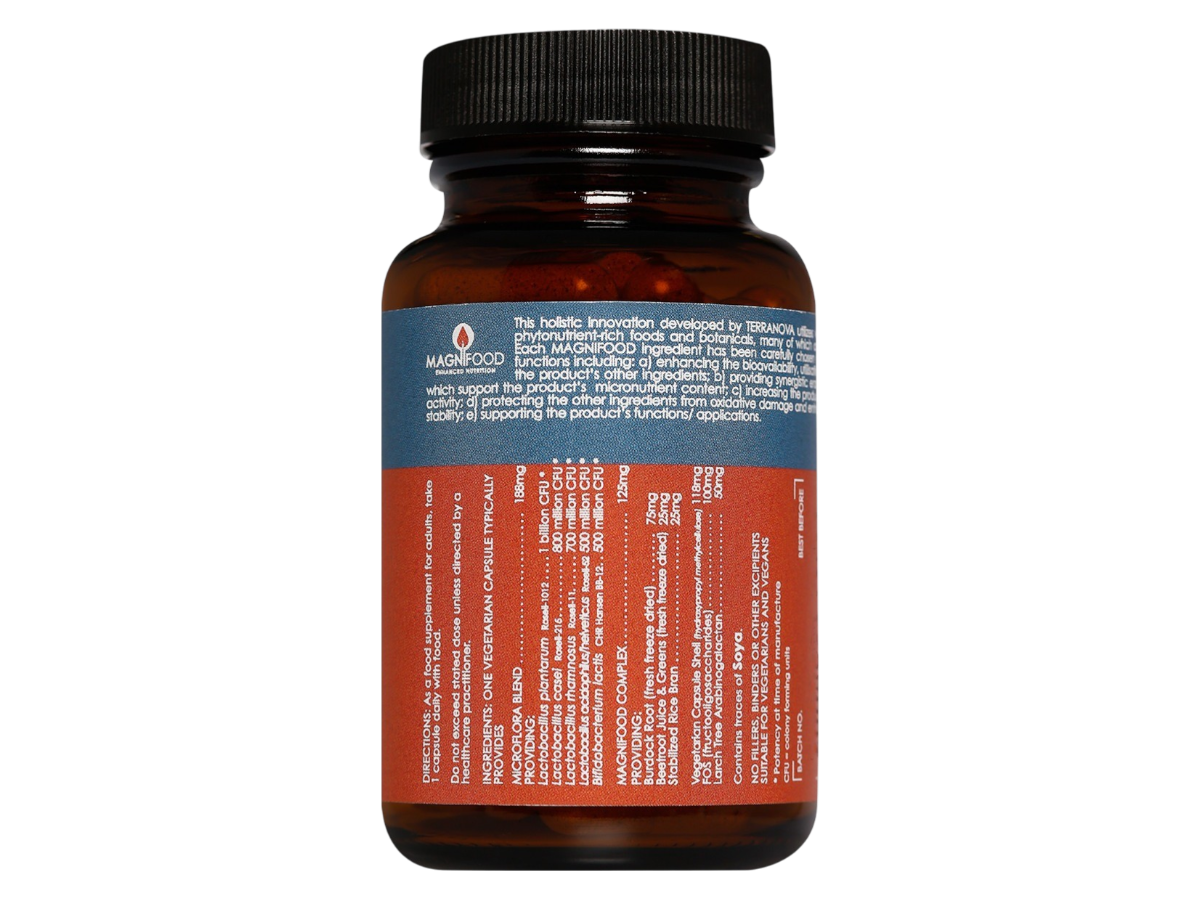 Supplement facts & ingredients image: Terranova Microflora Complex with FOS supplement facts ingredients vegan probiotic capsules 50 count