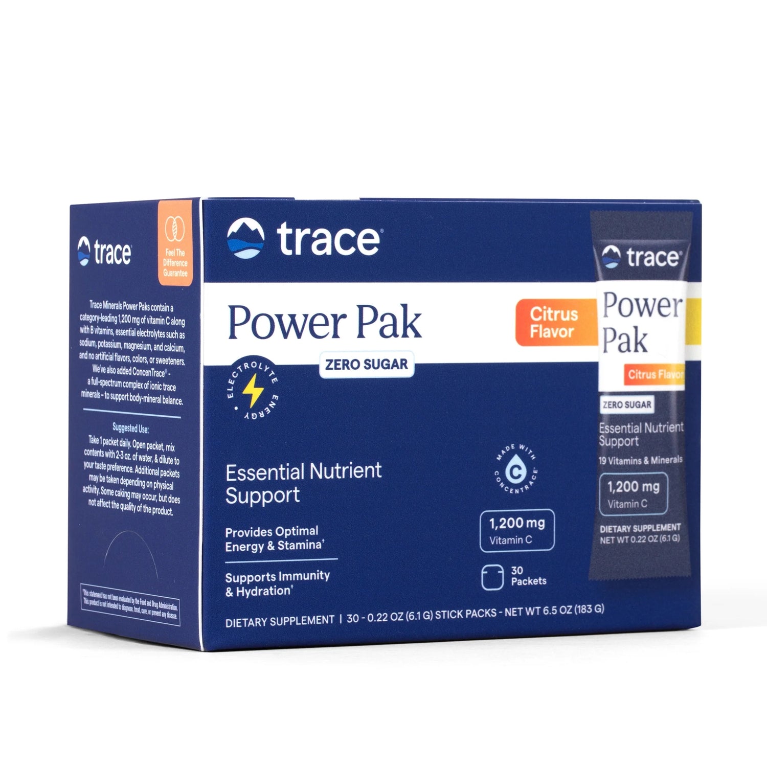 Front Image: Trace Minerals Power Pak citrus sugar free powder packets box 30 count