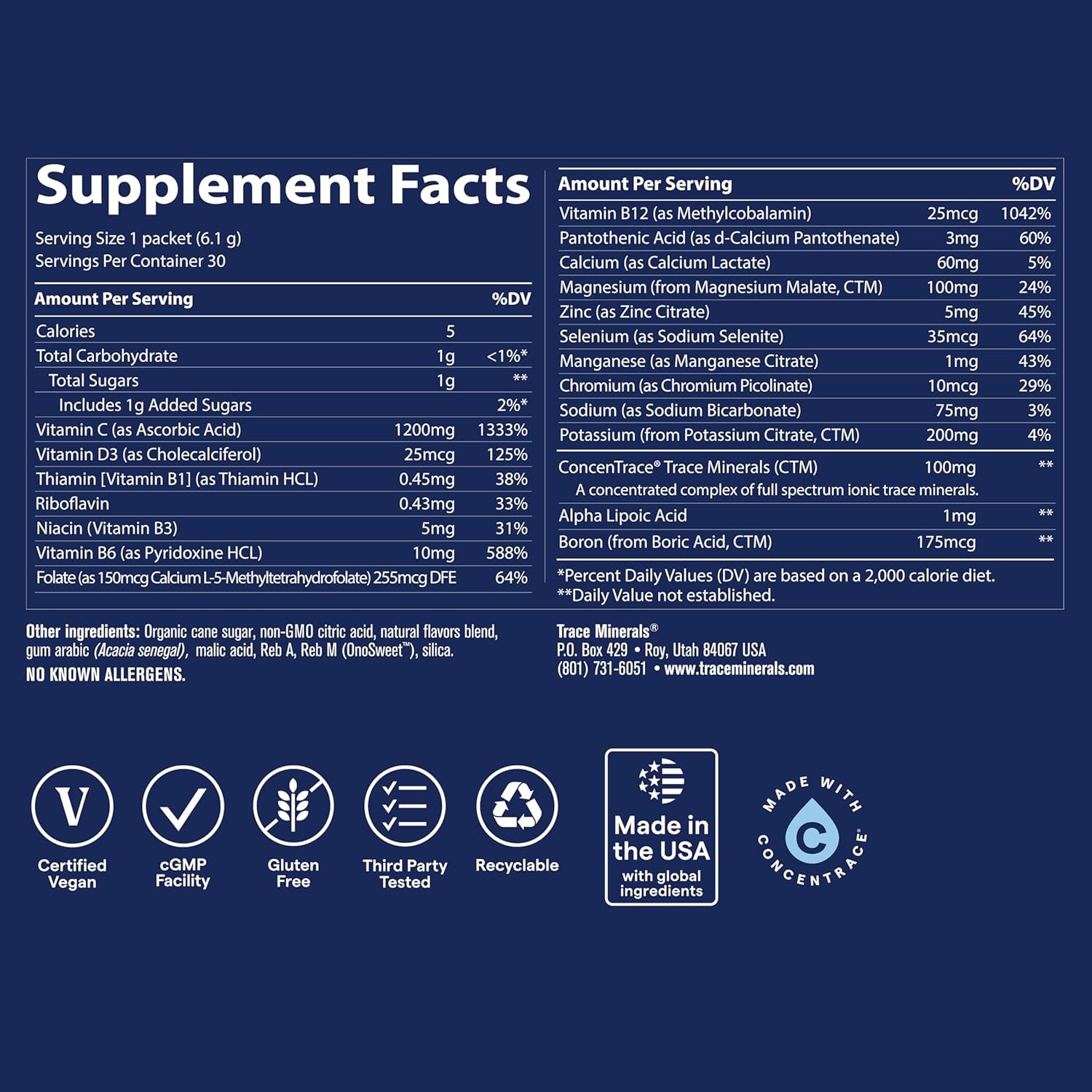 Supplement Facts Image: Trace Minerals Power Pak lemon lime supplement facts ingredients packets 30 count
