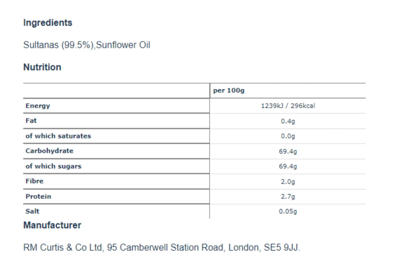 Curtis Catering Sweet & Juicy Sultanas 2kg bag ingredients and nutrition information