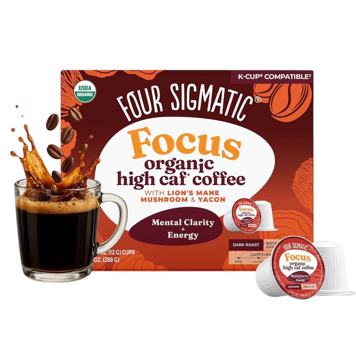 Four Sigmatic Organic High Caffeine Coffee Pods Dark Roast 24 Count packaging