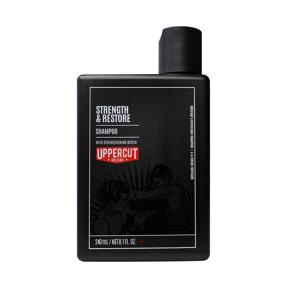 Front image: Uppercut Deluxe Strength and Restore Shampoo 240ml bottle mandarin patchouli fragrance packaging