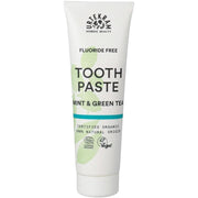 Urtekram Fluoride Free Mint & Green Tea Toothpaste, toothpaste tube packaging, mint and green tea flavour, 75ml