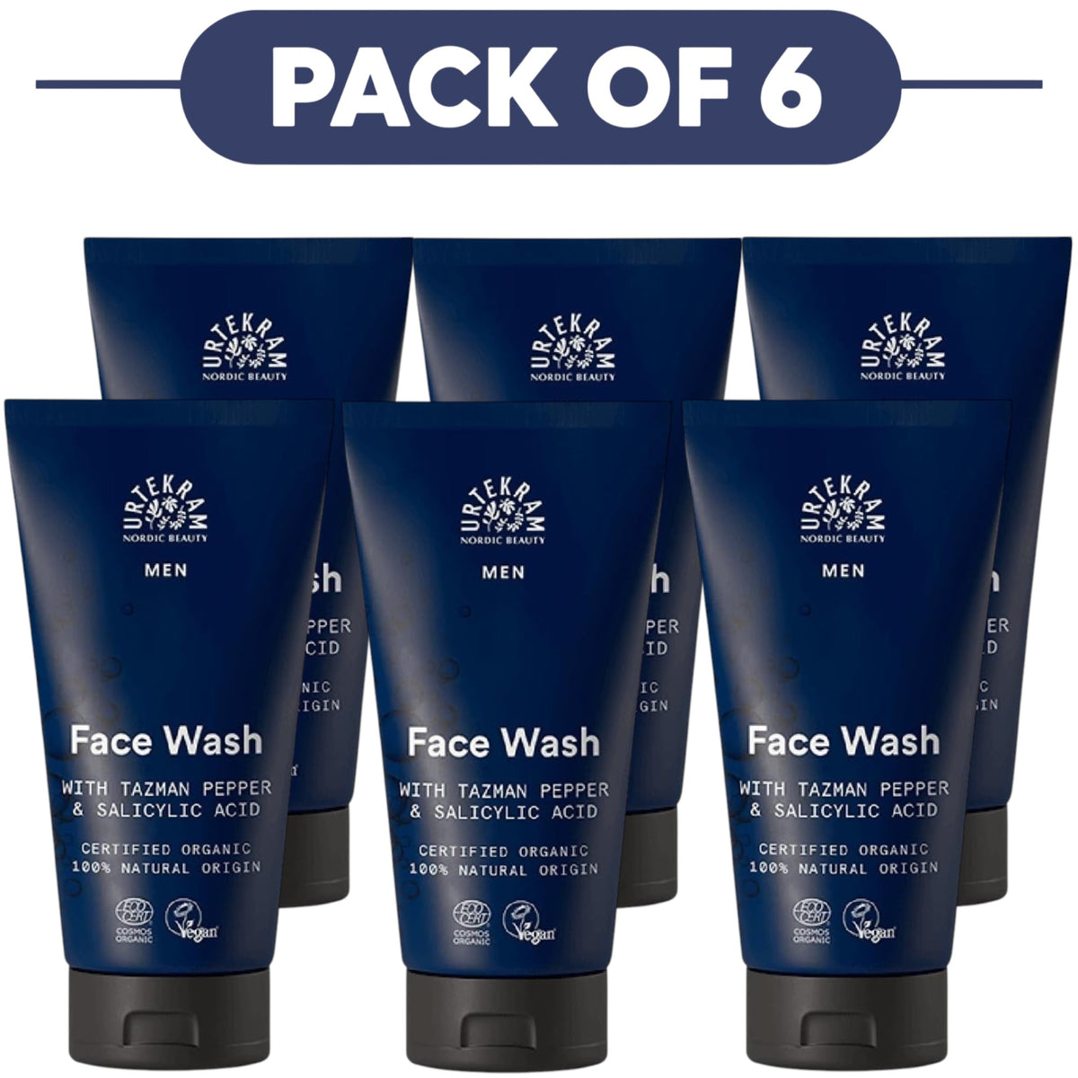 Urtekram Men Face Wash with Tazman Pepper & Salicylic Acid 150ml Pack of 6