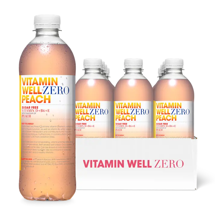 Vitamin Well Zero Peach Vitamin Drink, plastic bottle packaging, Peach flavour, 12 x 500ml
