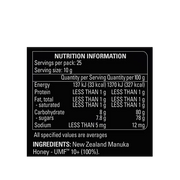 Supplement facts & ingredients image: Comvita Manuka Honey UMF 10+ MGO 263+ nutrition label glass  250g