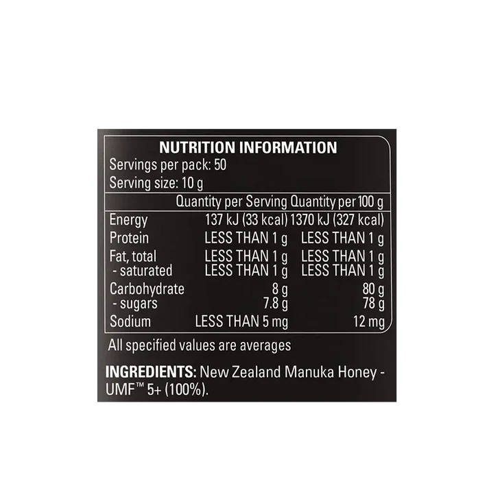 Supplement facts & ingredients image: Comvita Manuka Honey UMF 10+ MGO 263+ nutrition label glass 500g