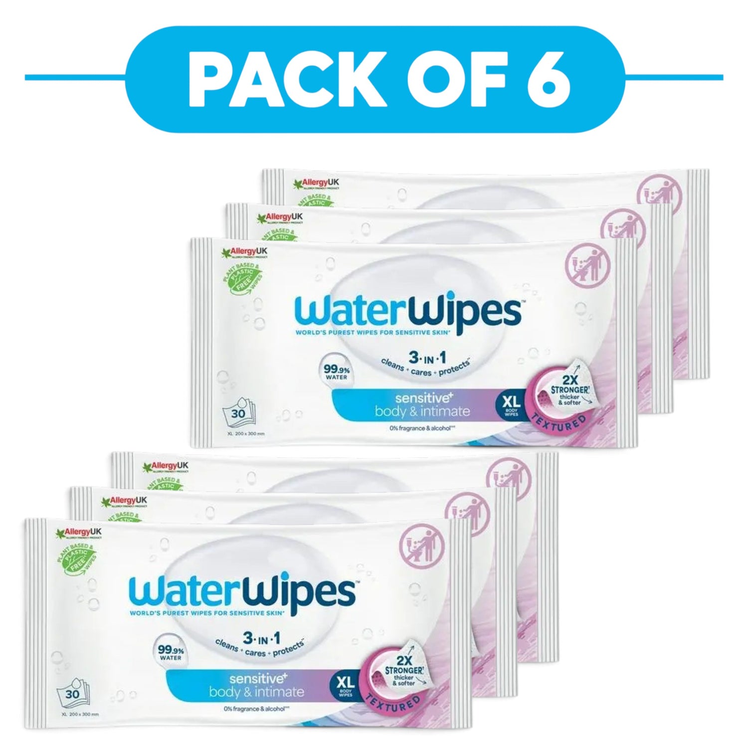 WaterWipes Sensitive+ Body & Intimate XL Wipes 99.9% Water 30 Wipes Pack of 6