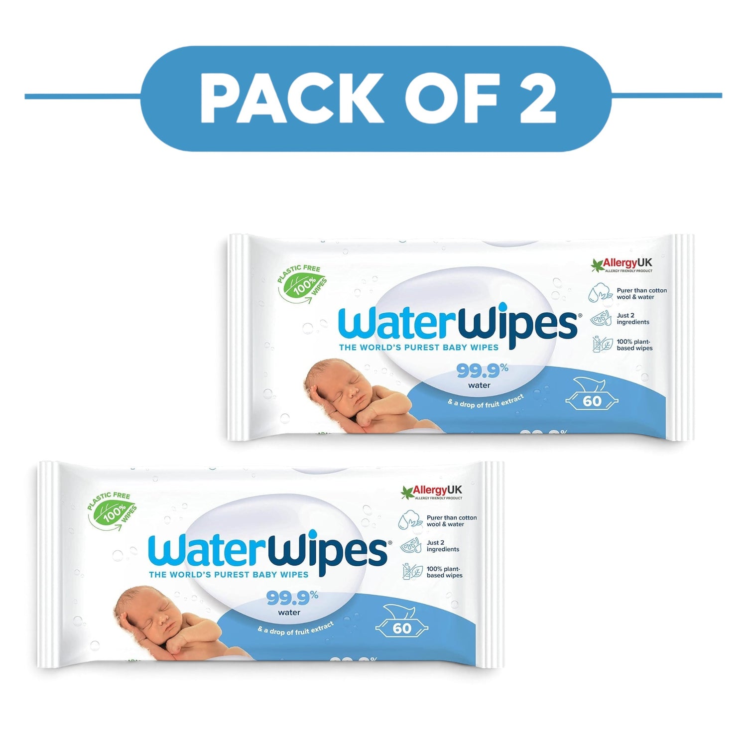 WaterWipes Sensitive+ Newborn Baby Wipes 99.9% Water 60 Wipes Pack of 2
