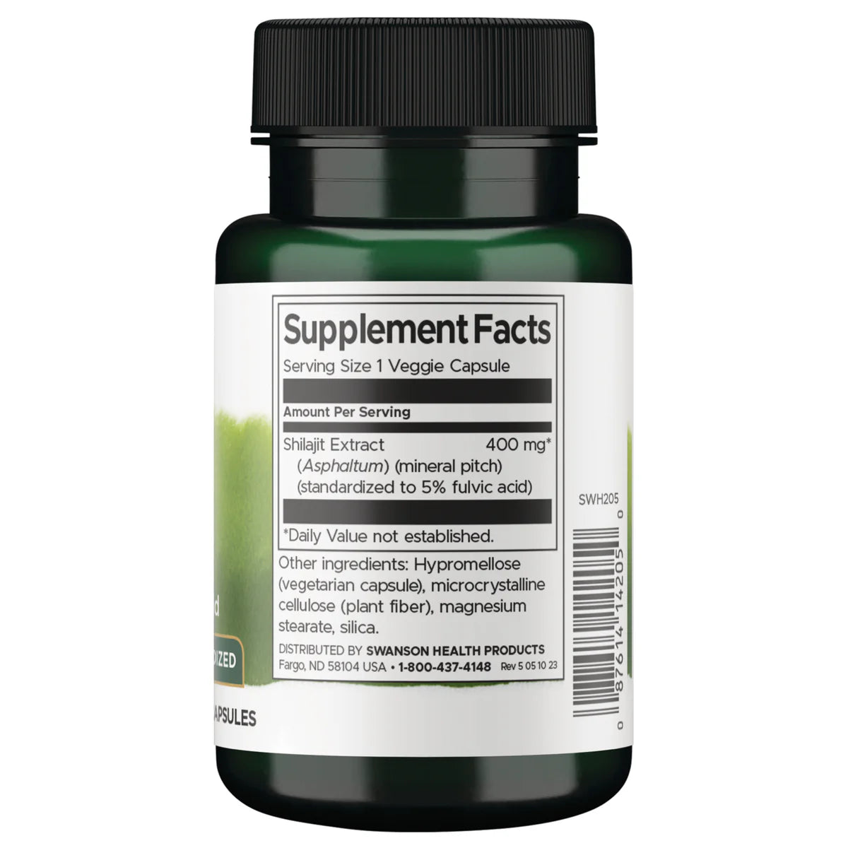 Swanson Shilajit Extract 400mg 60 Veggie Capsules Supplement Facts panel and product barcode on bottle label