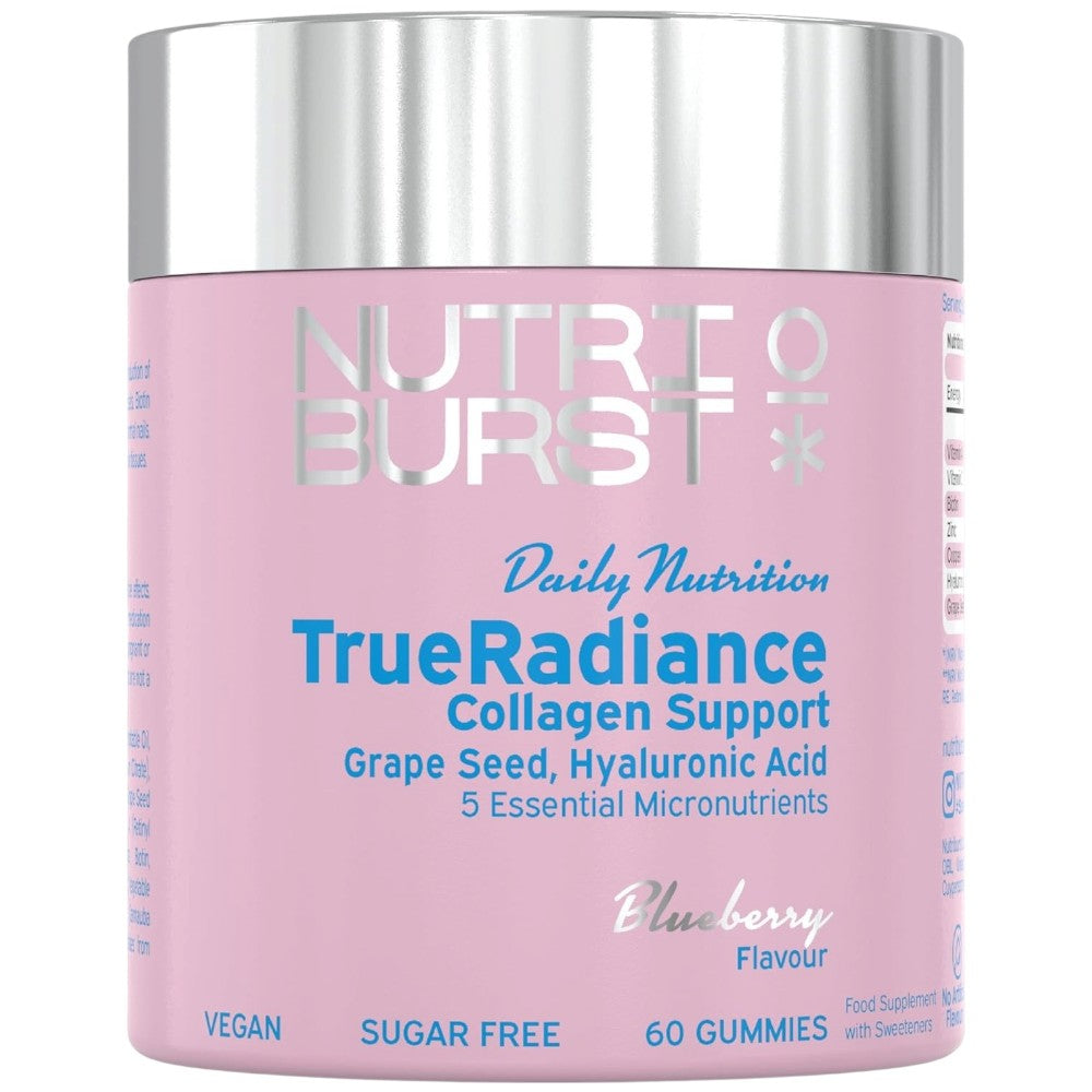 A pink bottle of Nutri Burst TrueRadiance Collagen Support gummies with a metallic silver cap, on a white background.