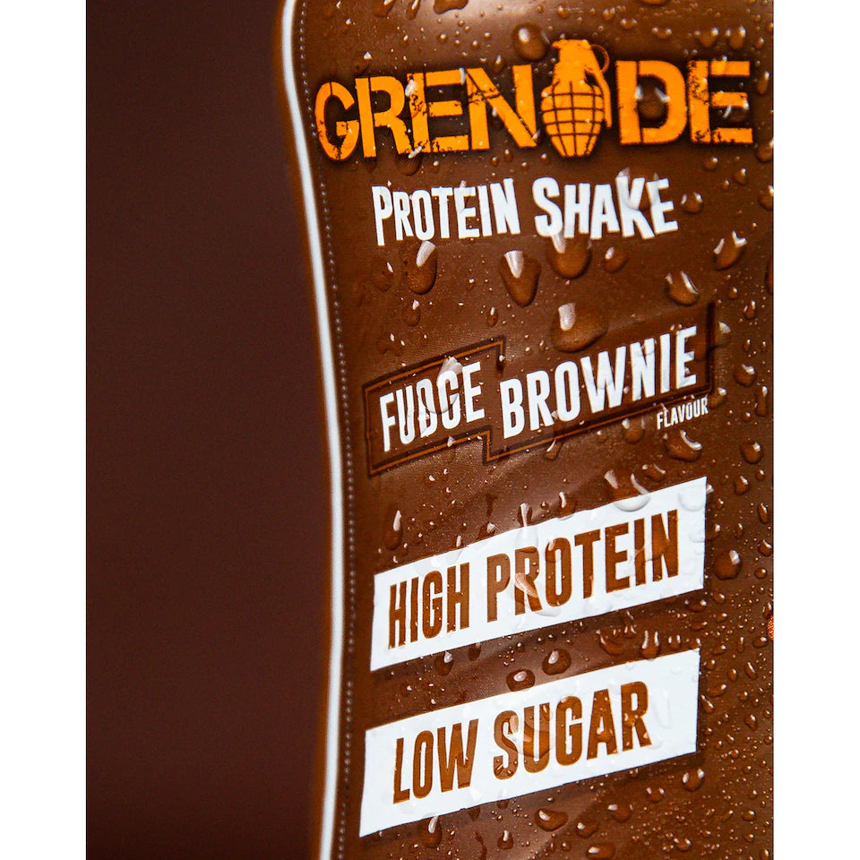 Grenade Fudge Brownie high protein shake chocolate flavour ready to drink 330ml 8 pack lifestyle use image