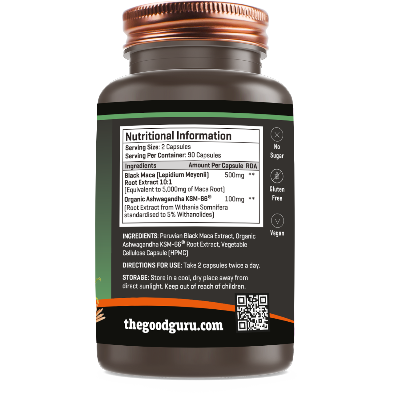 Supplement facts label and details for The Good Guru Black Maca and Ashwagandha capsules, on white background.