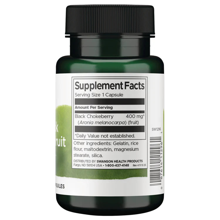 Swanson Aronia Black Chokeberry Fruit 400mg 60 Capsules supplement facts ingredients & barcode panel