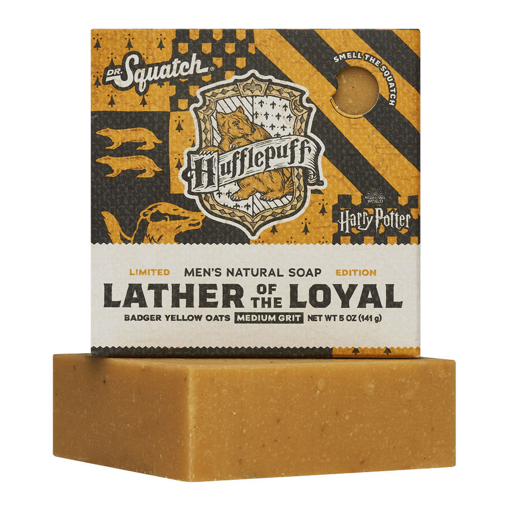 Dr. Squatch x Harry Potter Hufflepuff Lather of the Loyal Bar Soap in yellow-themed packaging.