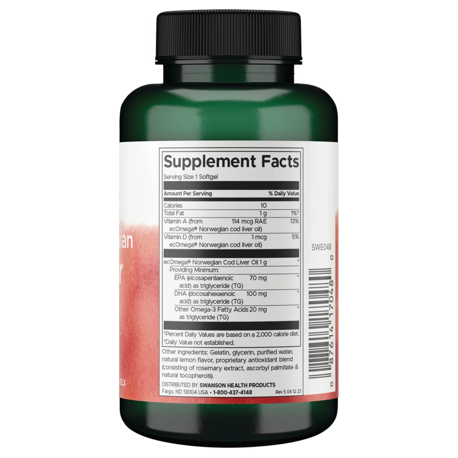 Swanson Pristine Norwegian Cod Liver Oil omega 3 supplement softgel bottle 60 softgels 1000mg supplement facts ingredients & barcode panel