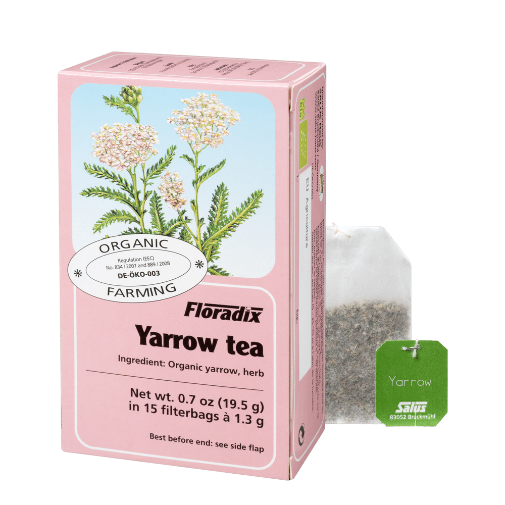 Floradix Yarrow Herbal Teabag & box showing 15 organic teabags.