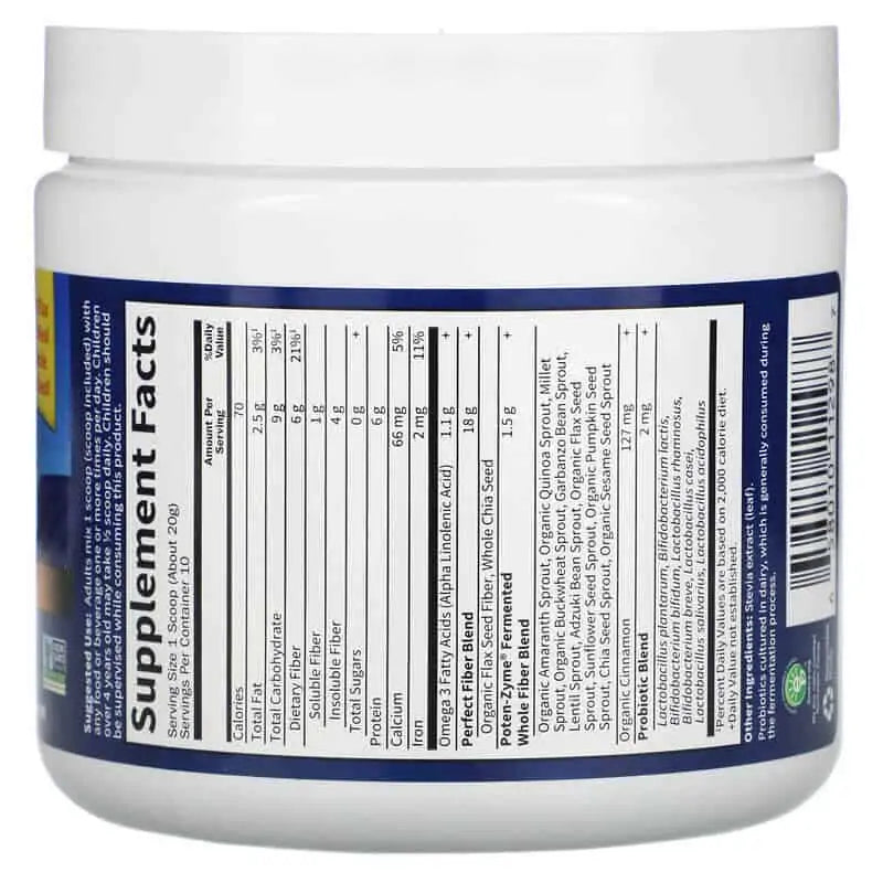 Supplement facts label for Super Seed powder with fiber and protein.
