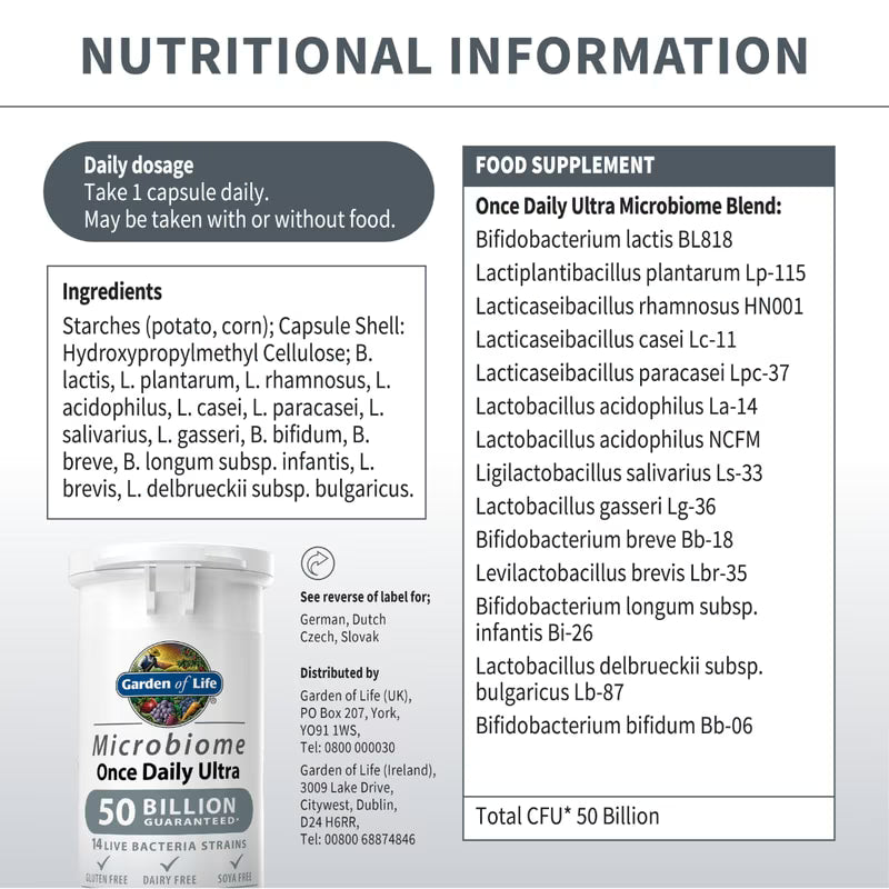 Garden of Life Microbiome Once Daily Ultra live bacteria vegan capsules 50 billion 30 count ingredients and supplement facts