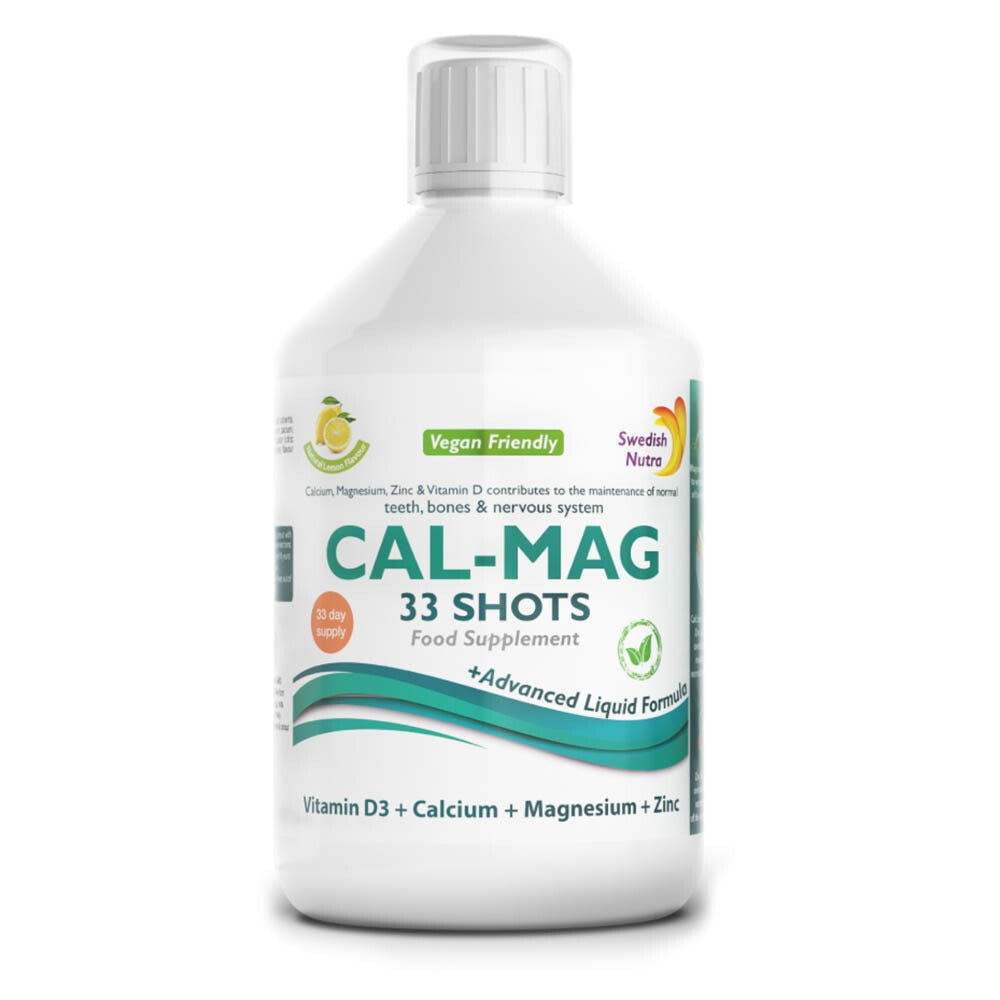Front image: Swedish Nutra Cal-Mag liquid calcium magnesium lemon flavour 500ml bottle