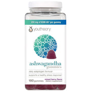 Youtheory Ashwagandha KSM-66 mixed berry flavoured gummies 200mg 180 count bottle front packaging