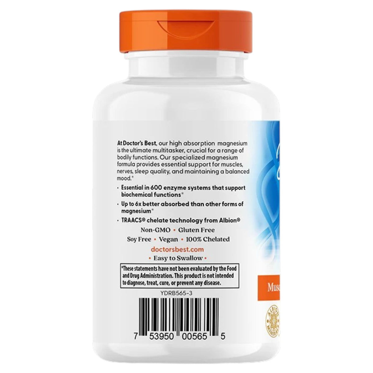 Doctor's Best High Absorption Magnesium Lysinate Glycinate, bottle packaging, no flavour, 105mg, 120 veggie capsules, barcode