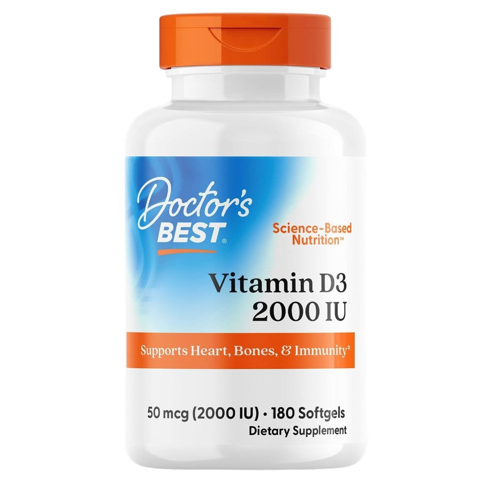 Doctor's Best Vitamin D3, bottle packaging, unflavoured, 2000 IU 50mcg, 180 softgels