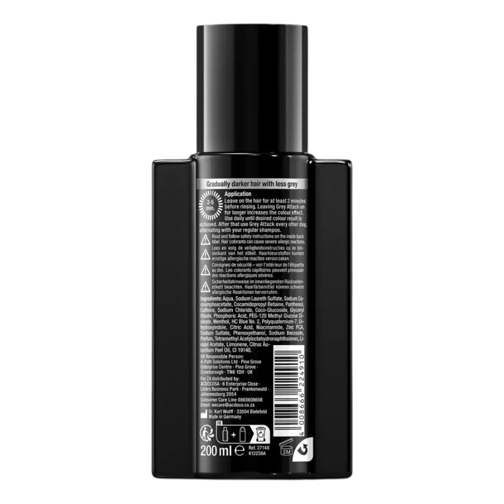Alpecin Grey Attack Caffeine & Colour Shampoo, plastic bottle packaging, no flavour, 200ml, ingredients information & barcode