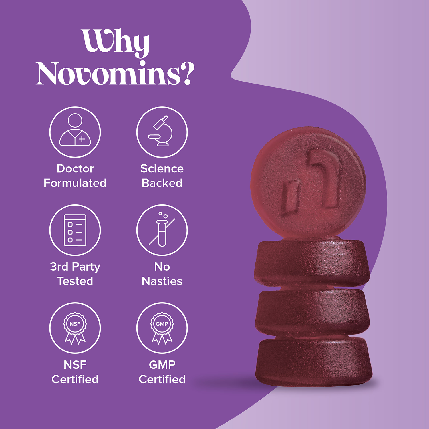 Novomins Night Time Gummies Sugar Free Raspberry 60 Count sugar free vegan gummies close up