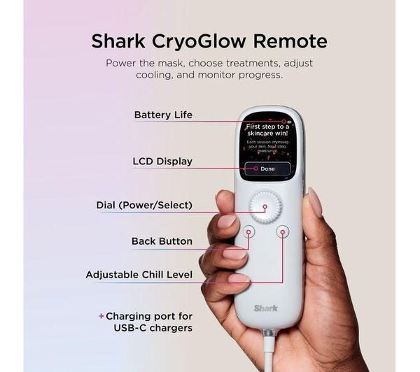 Shark CryoGlow LED Light Therapy Mask, universal-size Lilac Chill mask, 1 mask, remote control directions for use