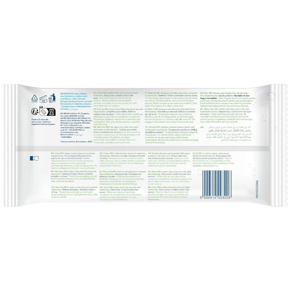 WaterWipes Sensitive+ Hydrating Boost Aloe Vera Wipes 60 count pack barcode image
