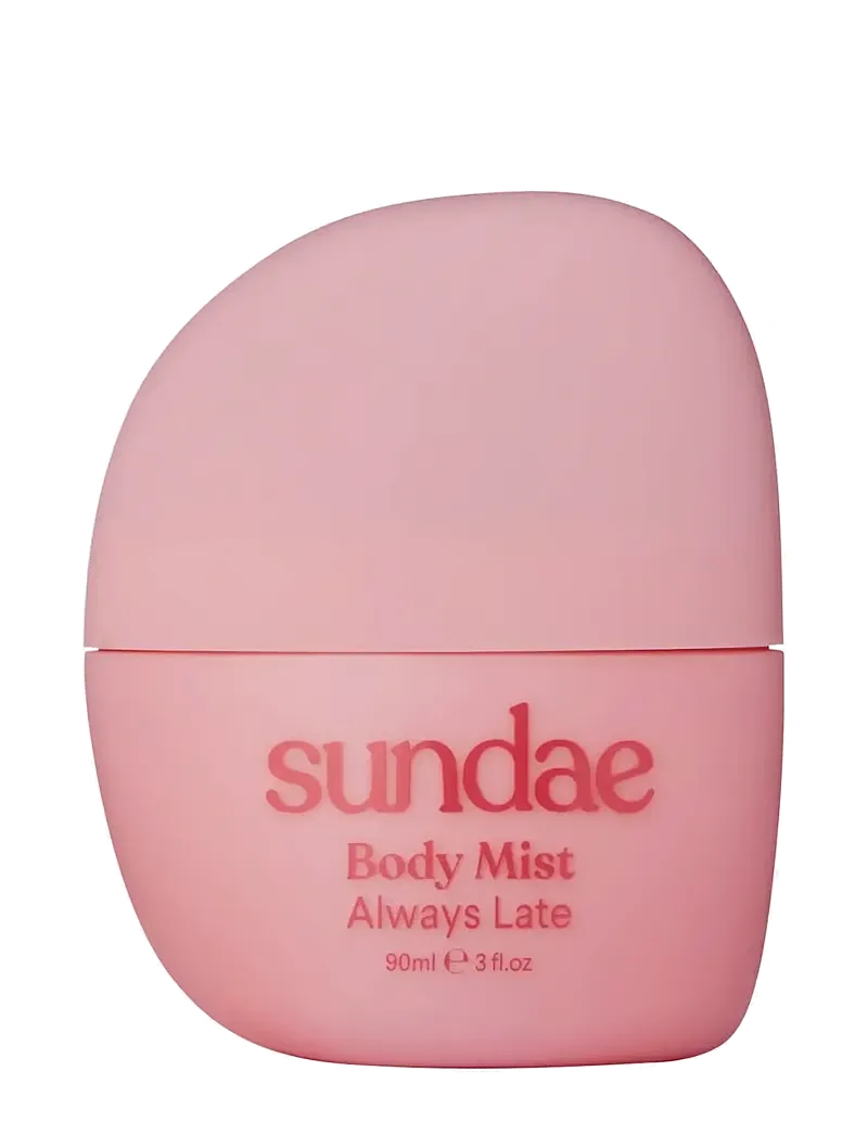 Front image: Sundae Body Mist Always Late spray bottle woody fragrance 90ml single pack